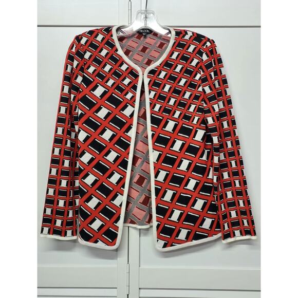 Misook Jacket Long Sleeve Round Neck Red/ White/ Black Hook Closure Shoulder Pa - Picture 1 of 5